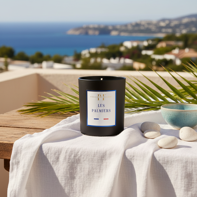 Bougie Les Palmiers (bleu) – mise en scène